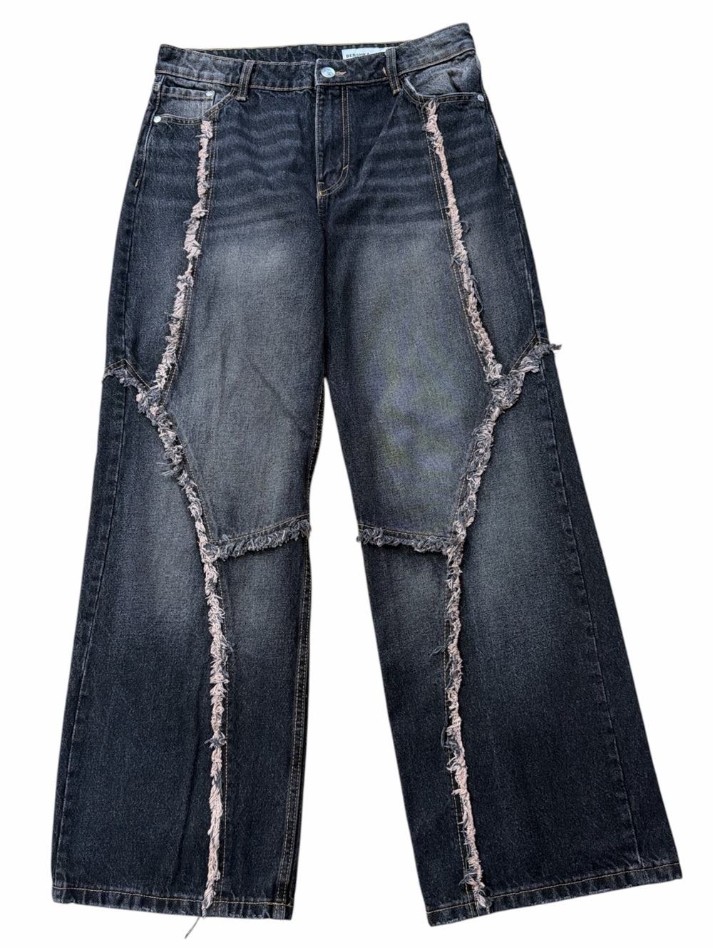 Bershka Black Frayed Geometric Seam Wide-Leg Jeans